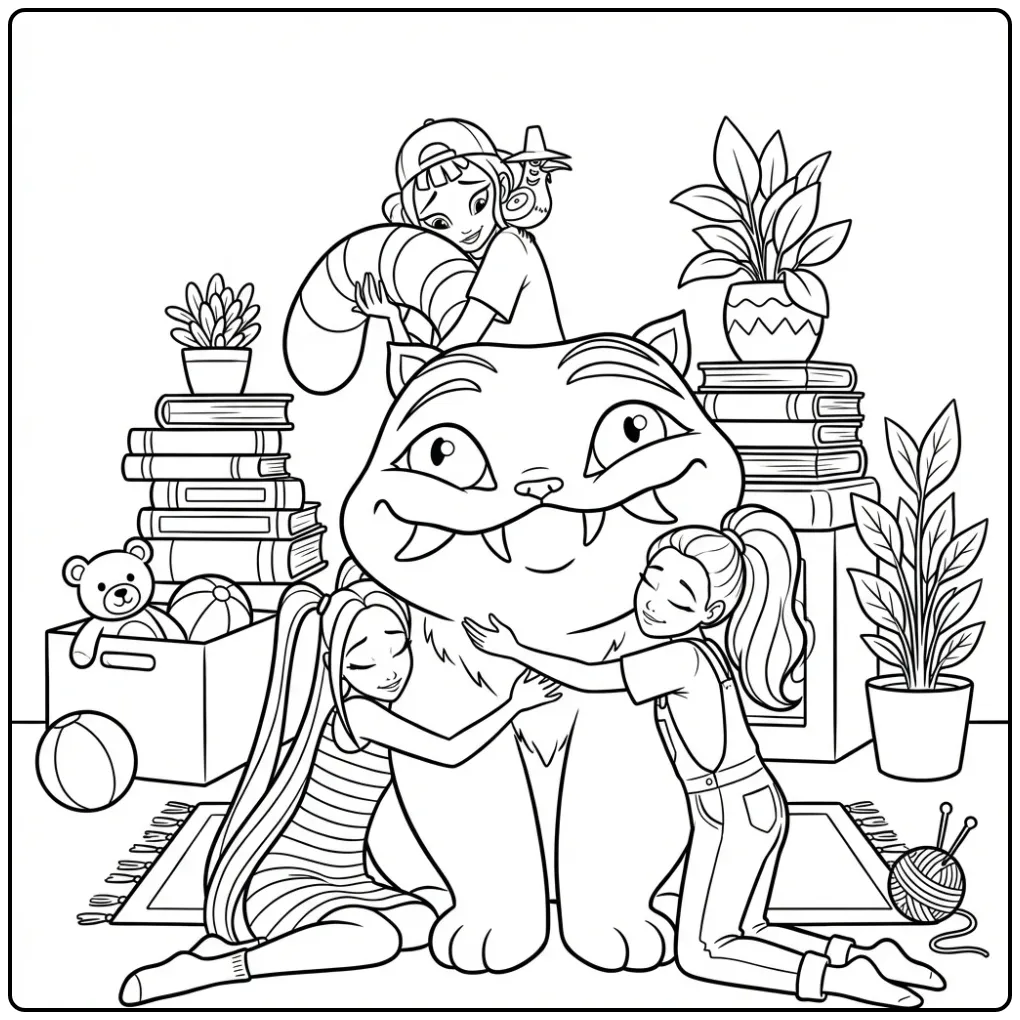 KPop Demon Hunters Derpy Girls with Friendly Monster coloring page