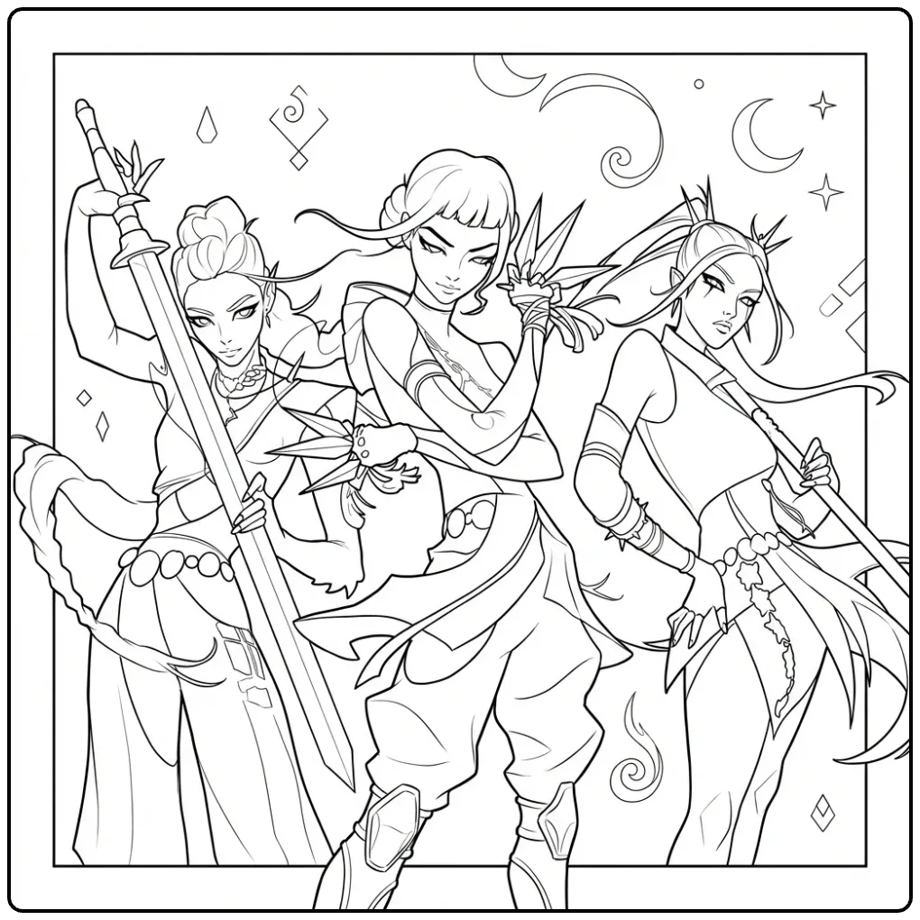 KPop Demon Hunters Three Warriors in Action coloring page