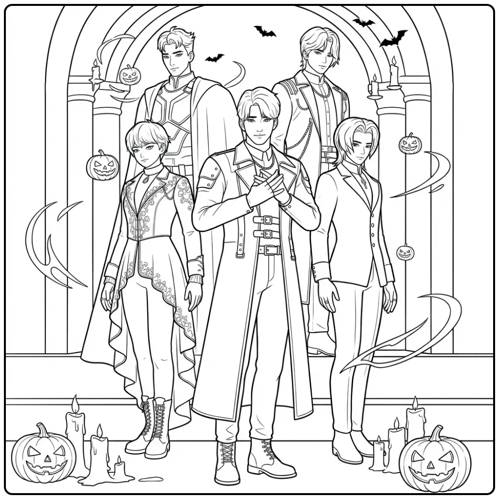 KPop Demon Hunters Saja Boys Halloween Adventure coloring page