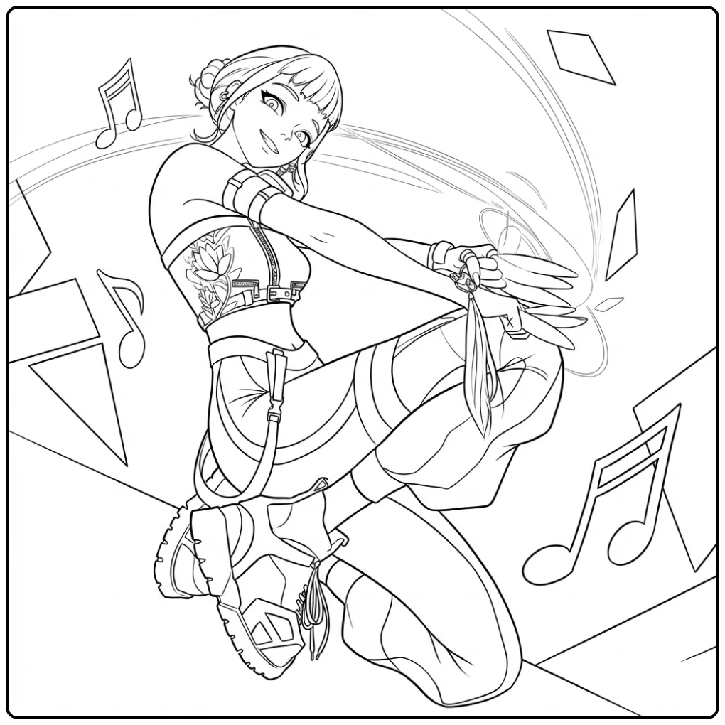 KPop Demon Hunters Zoey Dancing and Fighting in Style coloring page