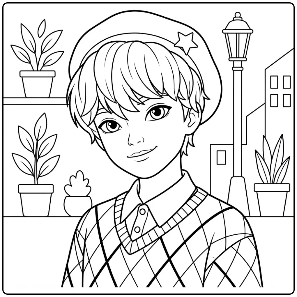 KPop Demon Hunters Baby Saja coloring page of a boy in a sweater