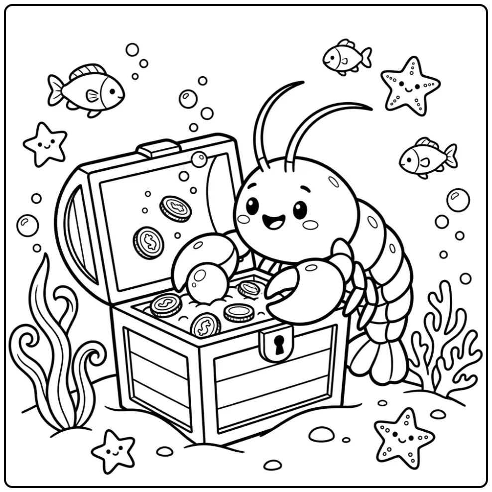 Cute lobster coloring page with an underwater treasure chest