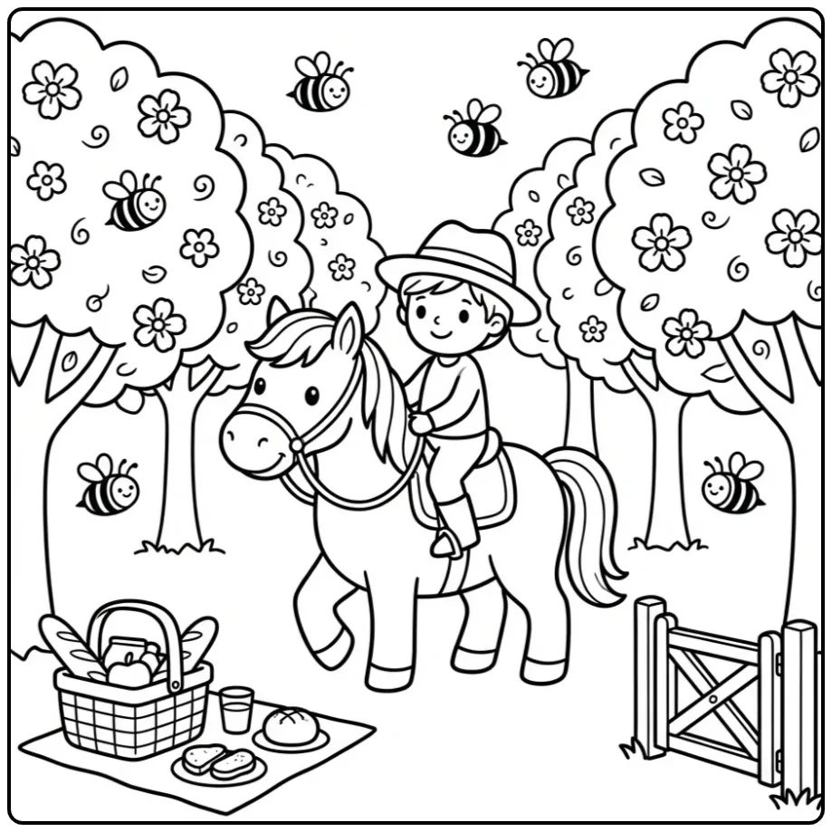 Spring Horse with Rider in the Orchard coloring page