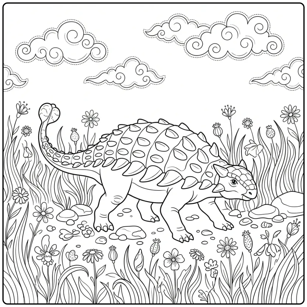 Ankylosaurus coloring page with flowers and grass