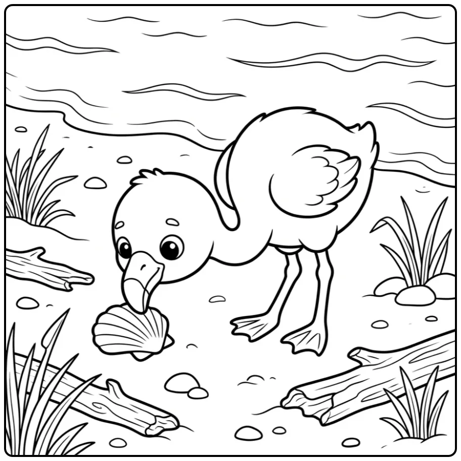 Fun Baby Flamingo with a Beach Theme and Waves coloring page