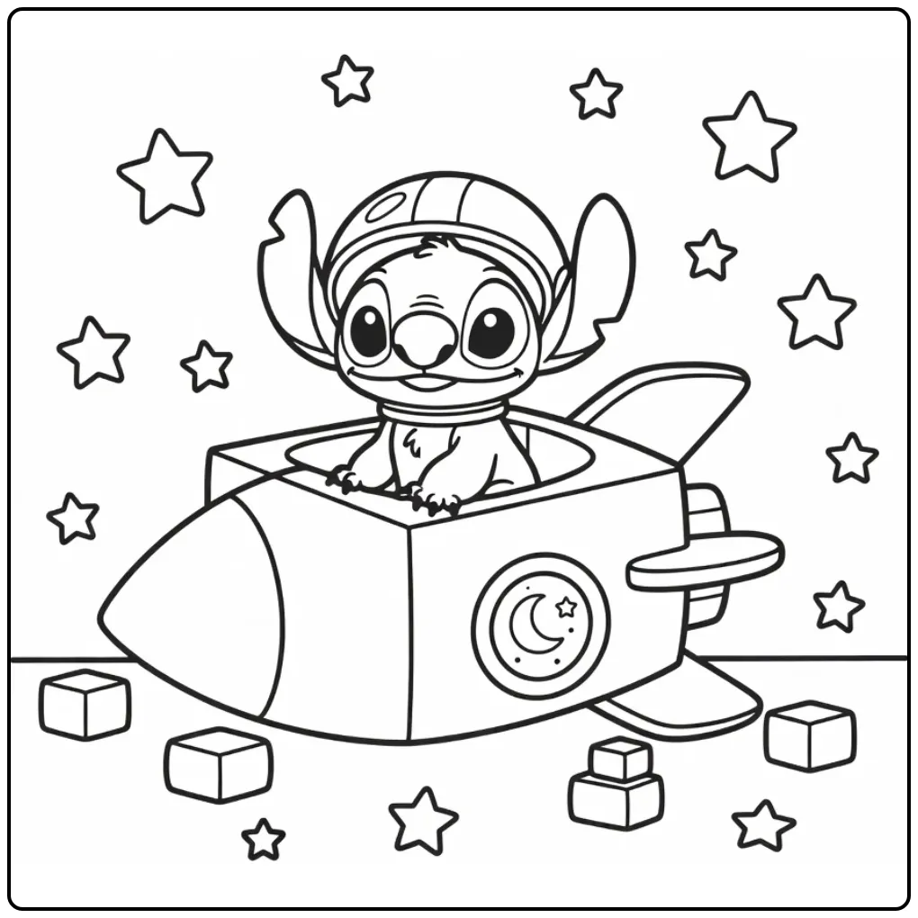 Fun Baby Stitch with a Toy Rocket coloring page