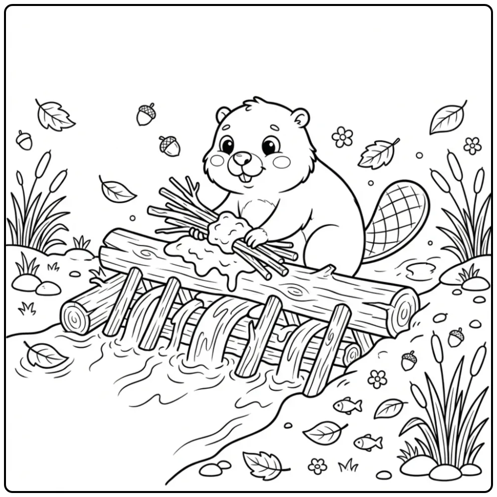 Cute beaver coloring page building a dam with branches and mud