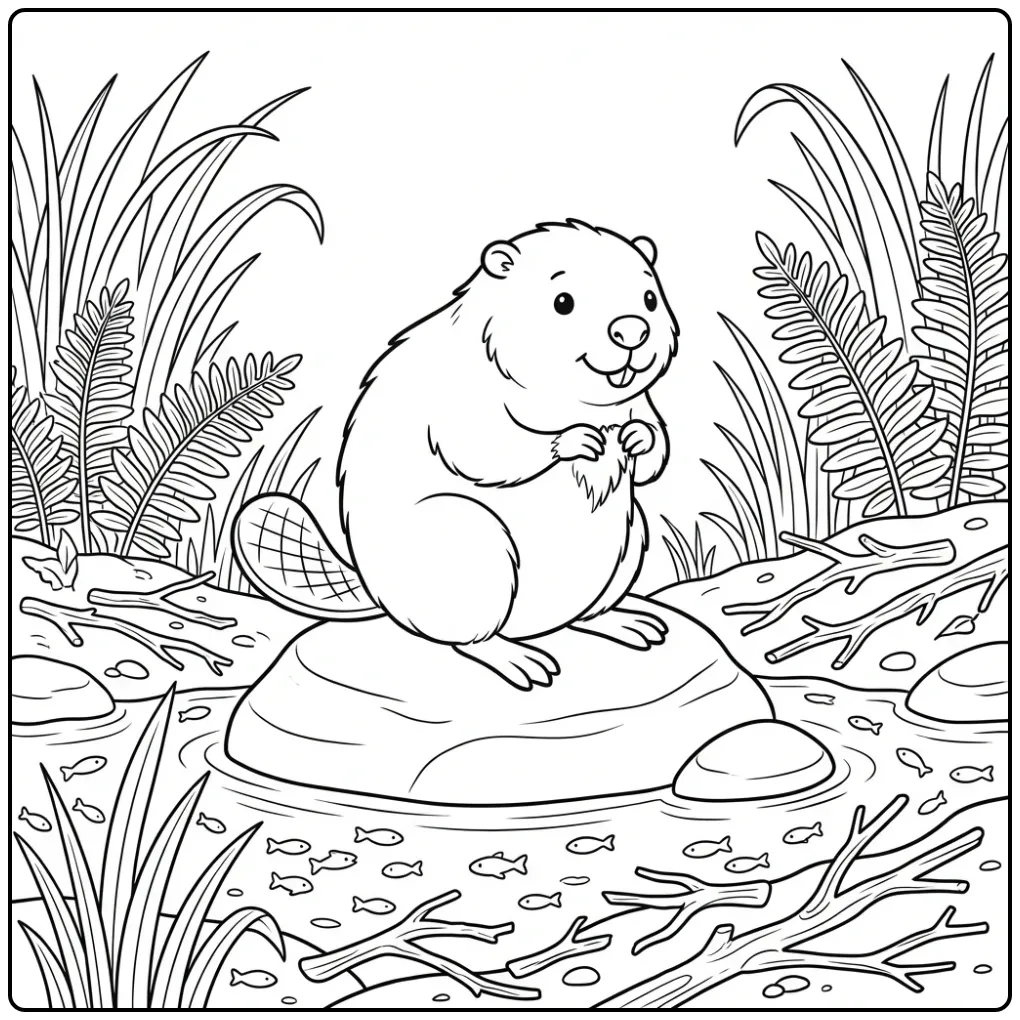 Cheerful beaver coloring page on a rock in the river