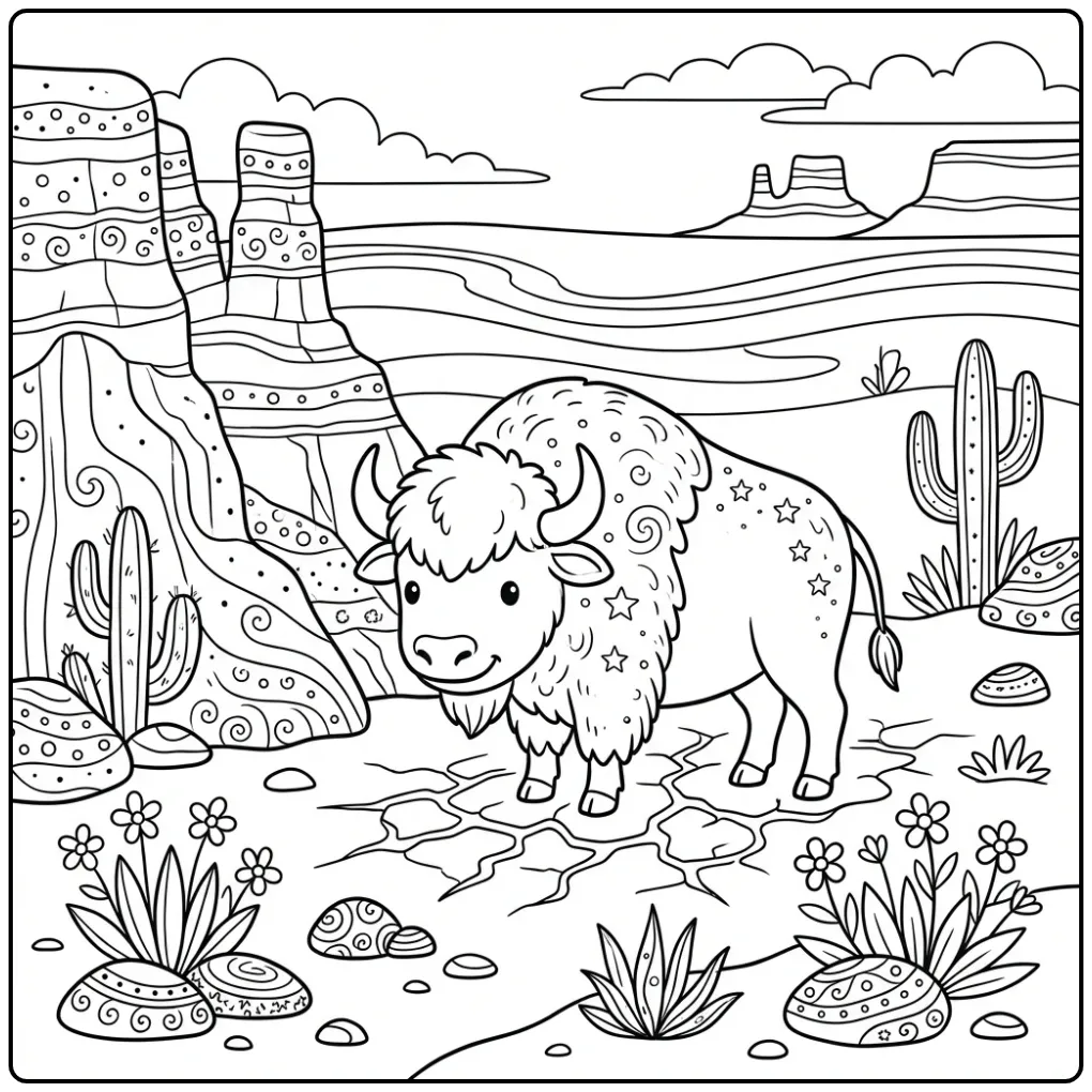 Fun Bison Rocks and Cactuses coloring page