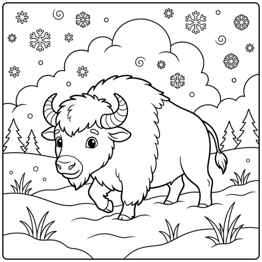 Fun Bison in a Winter Landscape coloring page