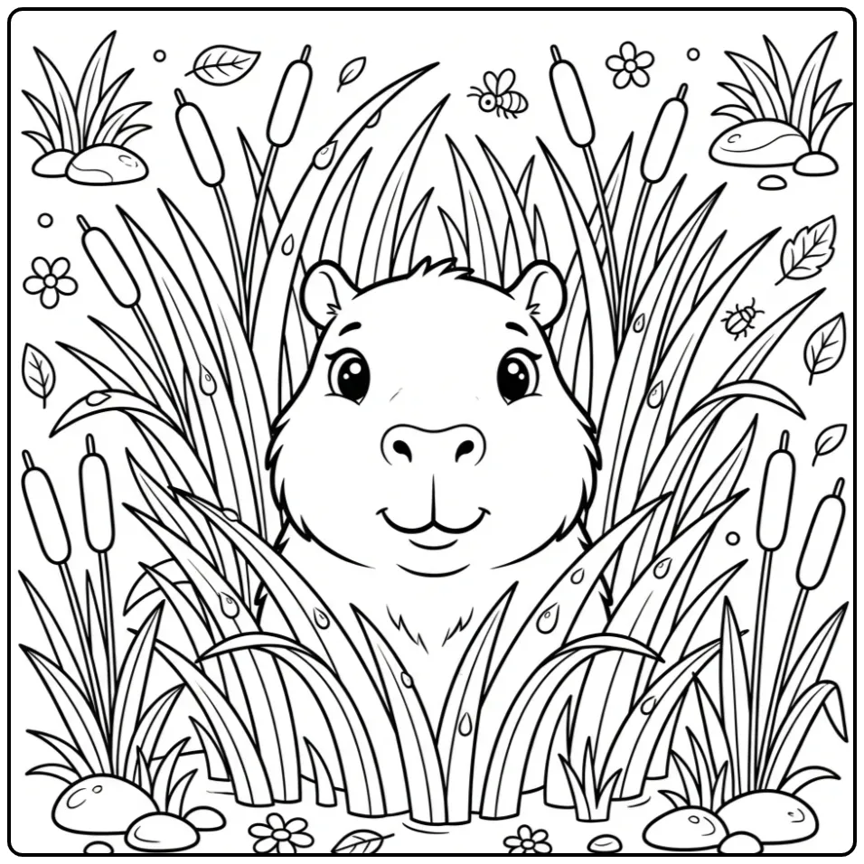 Capybara coloring page showing a capybara among reeds