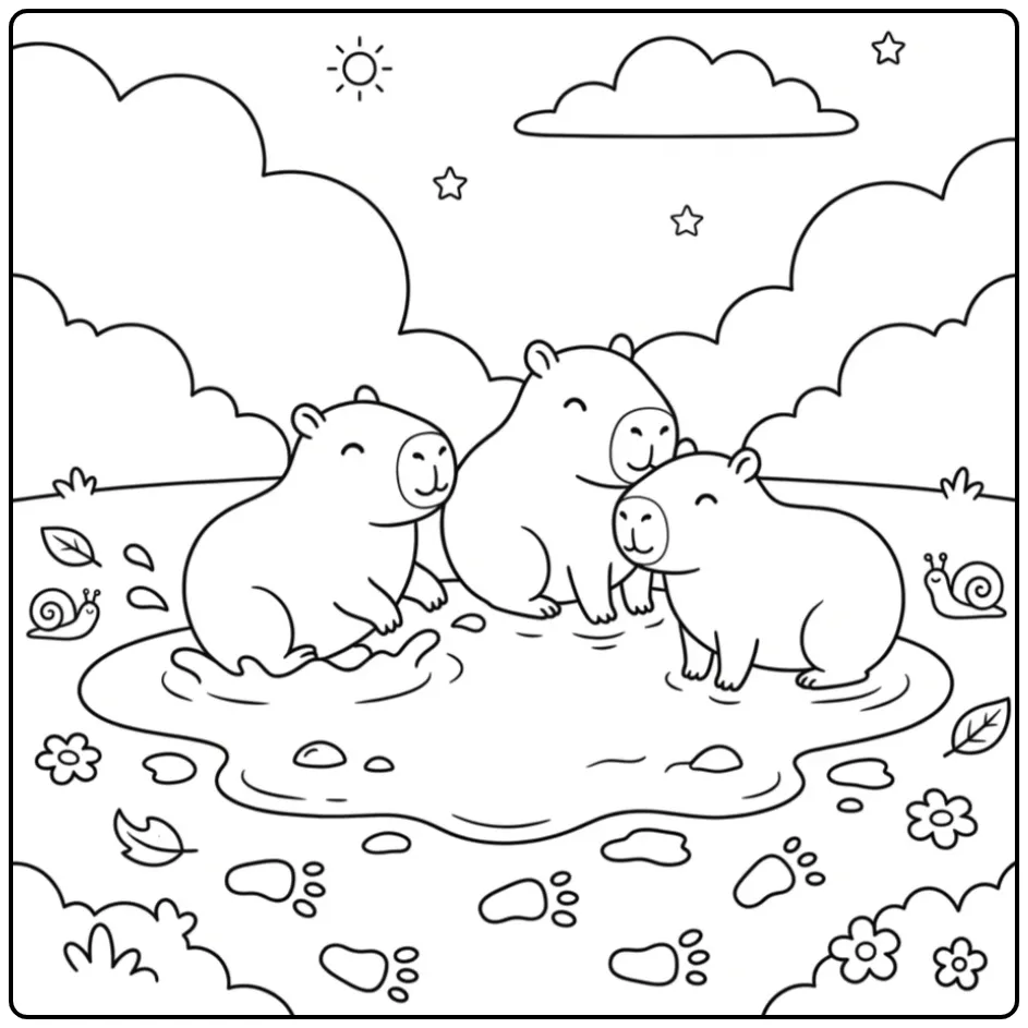 Capybara coloring page showing capybaras playing in rain