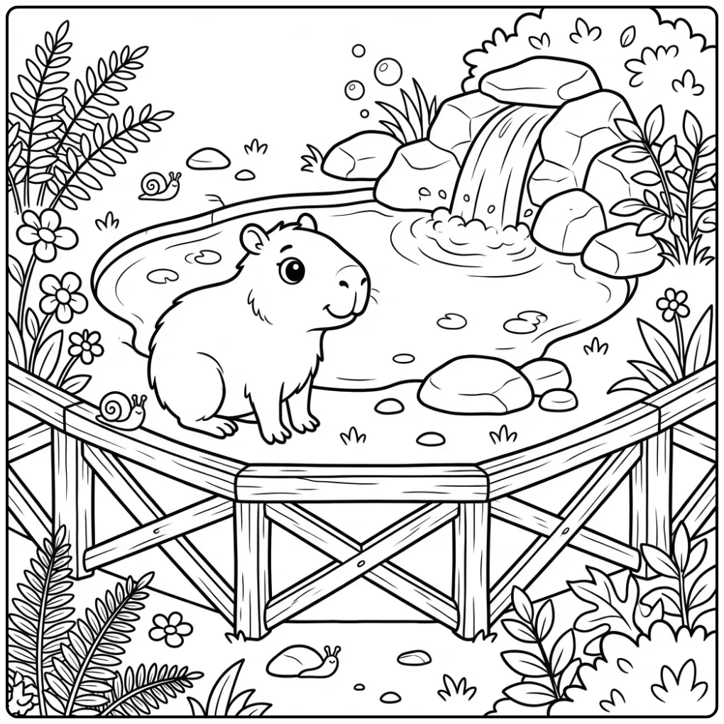 Capybara coloring page showing a capybara in a zoo habitat