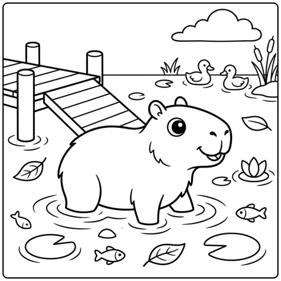 Capybara coloring page showing a capybara swimming