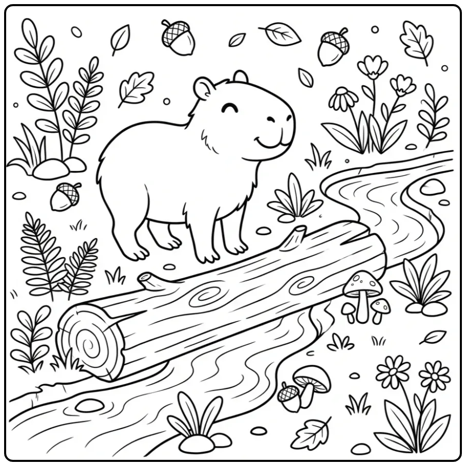 Capybara coloring page featuring a capybara by a creek