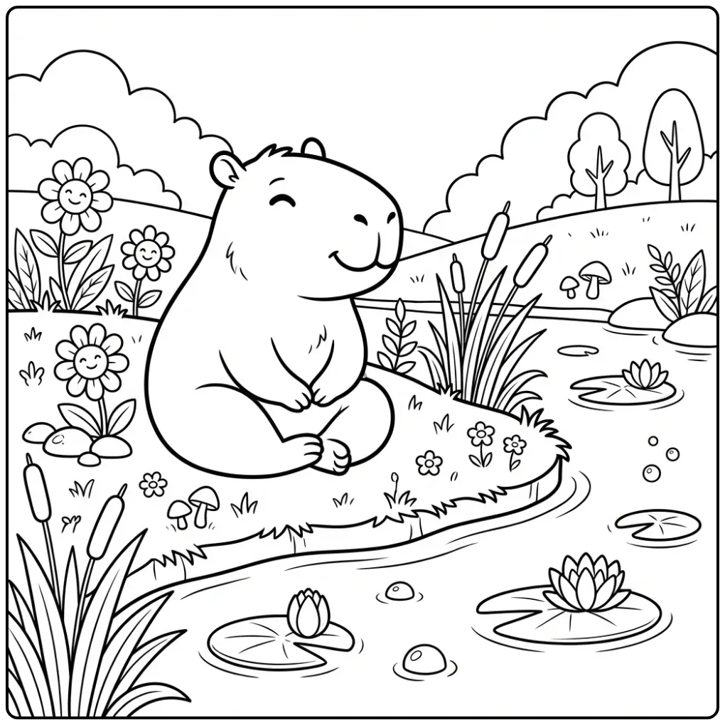 Capybara coloring page featuring a capybara on the riverbank