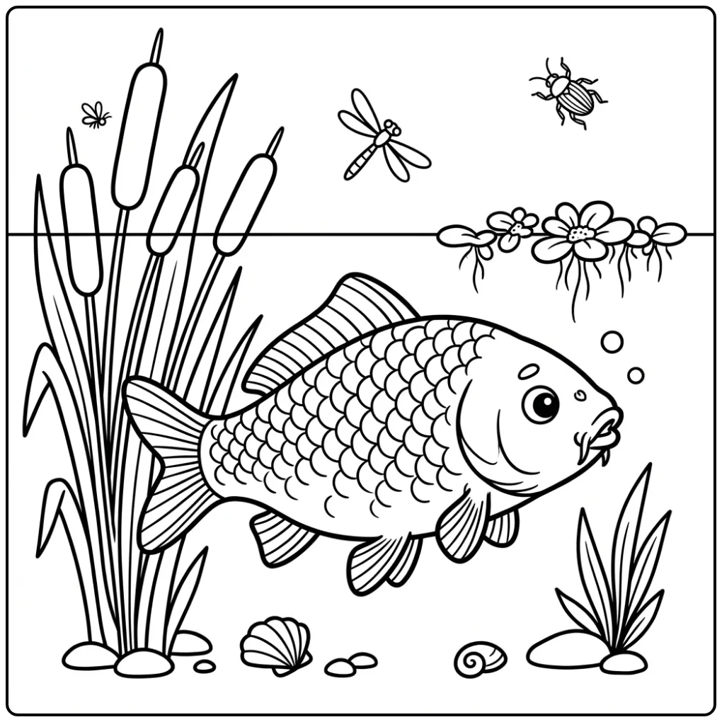 Fun Cartoon Carp with Nature and Water Plants coloring page