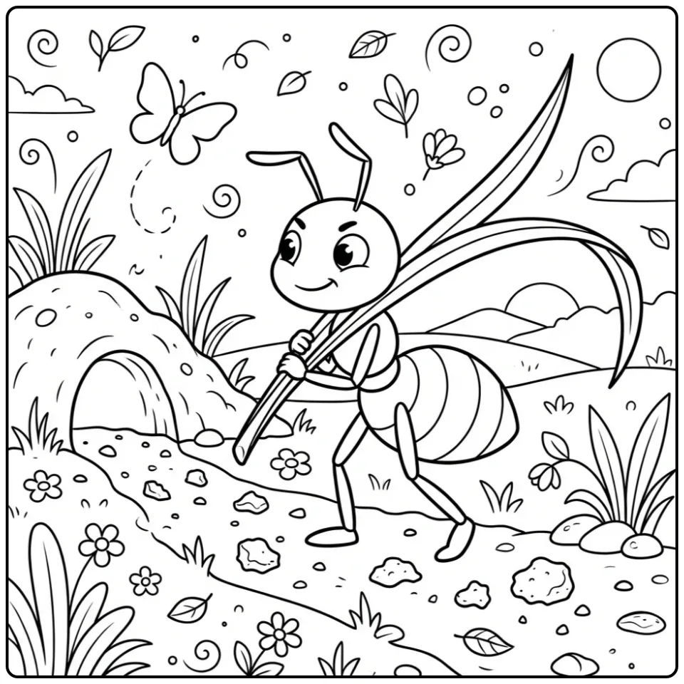 Ant coloring page featuring an ant carrying grass