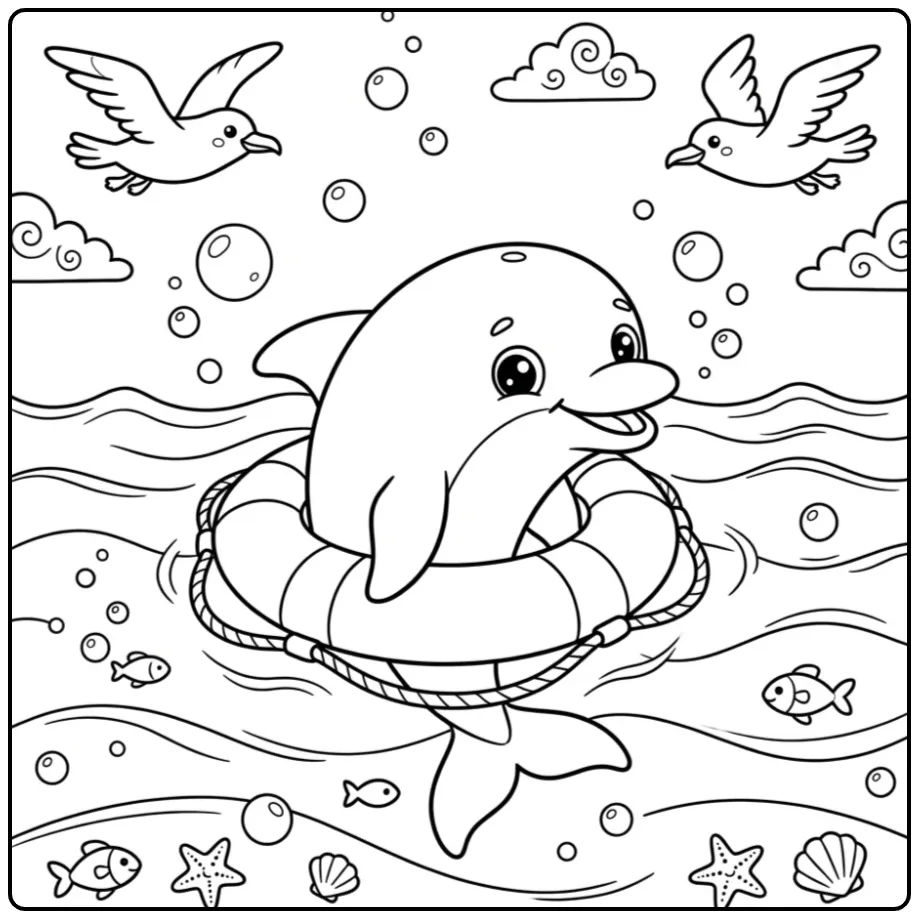 Fun Dolphin Easy with Waves and Birds coloring page