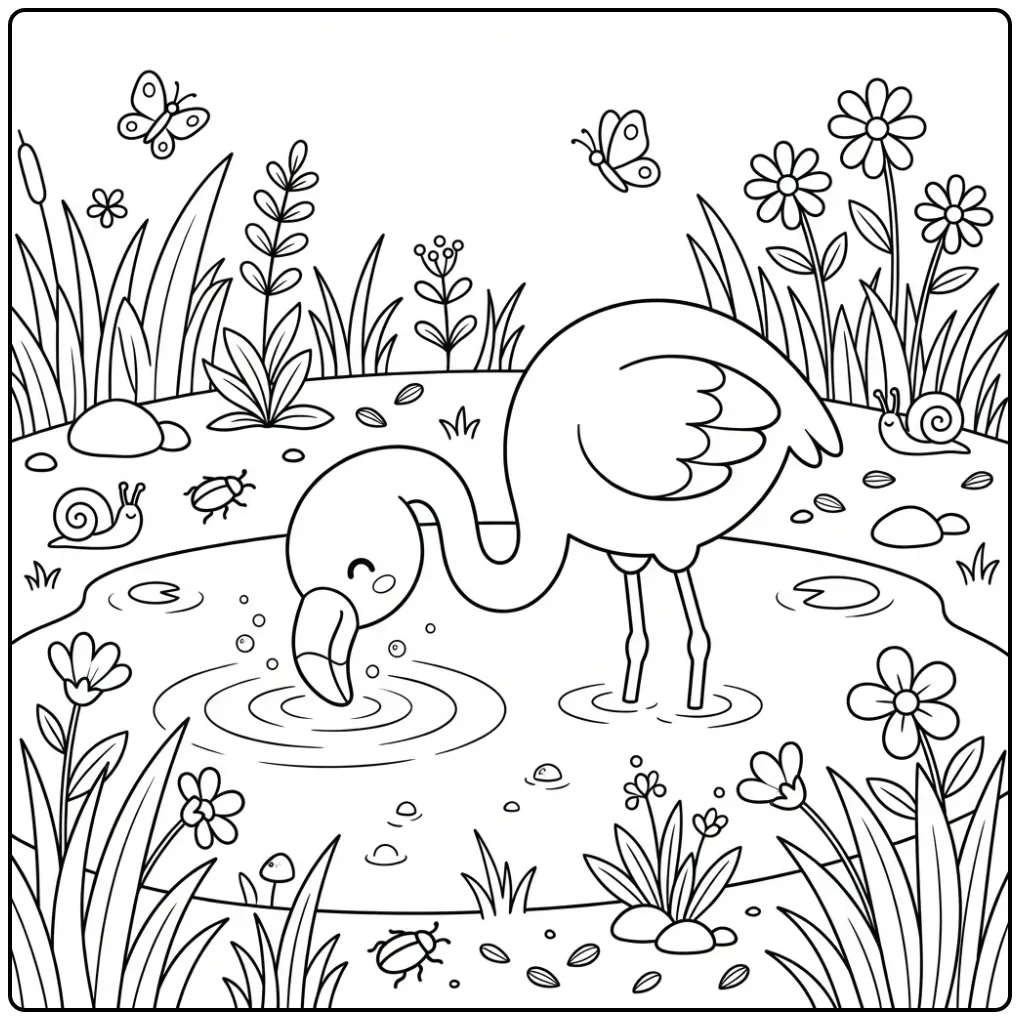 Fun Flamingo Drinking from a Pond coloring page
