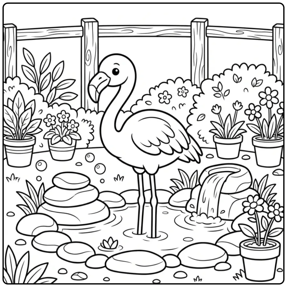 Fun Flamingo Water and Plants for Children coloring page