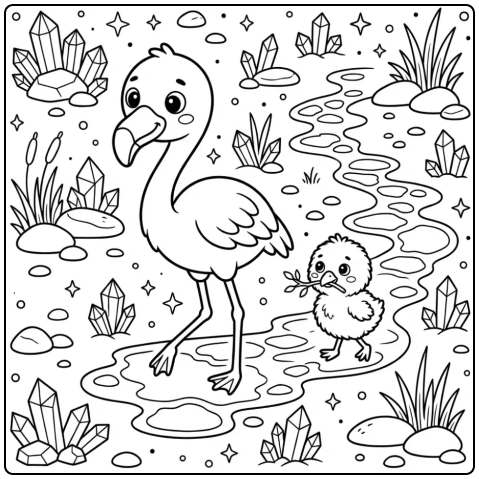 Fun Flamingo with Salt Crystals and a Chick coloring page