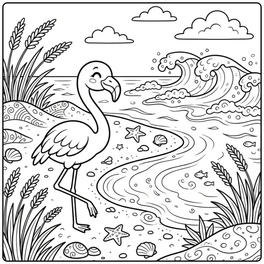 Fun Flamingo Walking Along the Sea and Waves coloring page