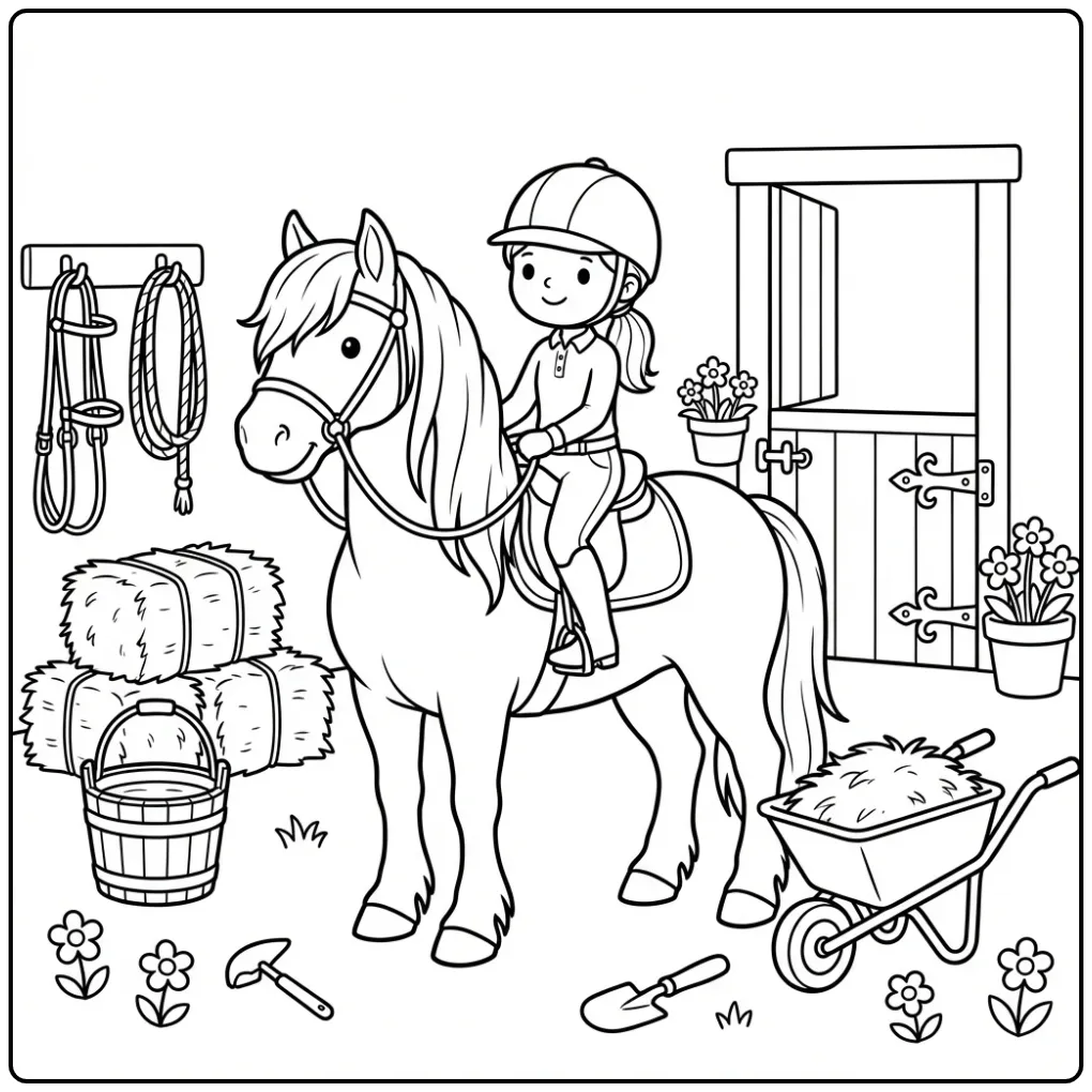 Fun Friesian Horse with Rider on the Yard coloring page