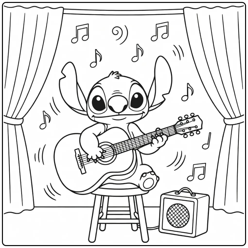 Fun Stitch Guitar Playing on a Stool coloring page
