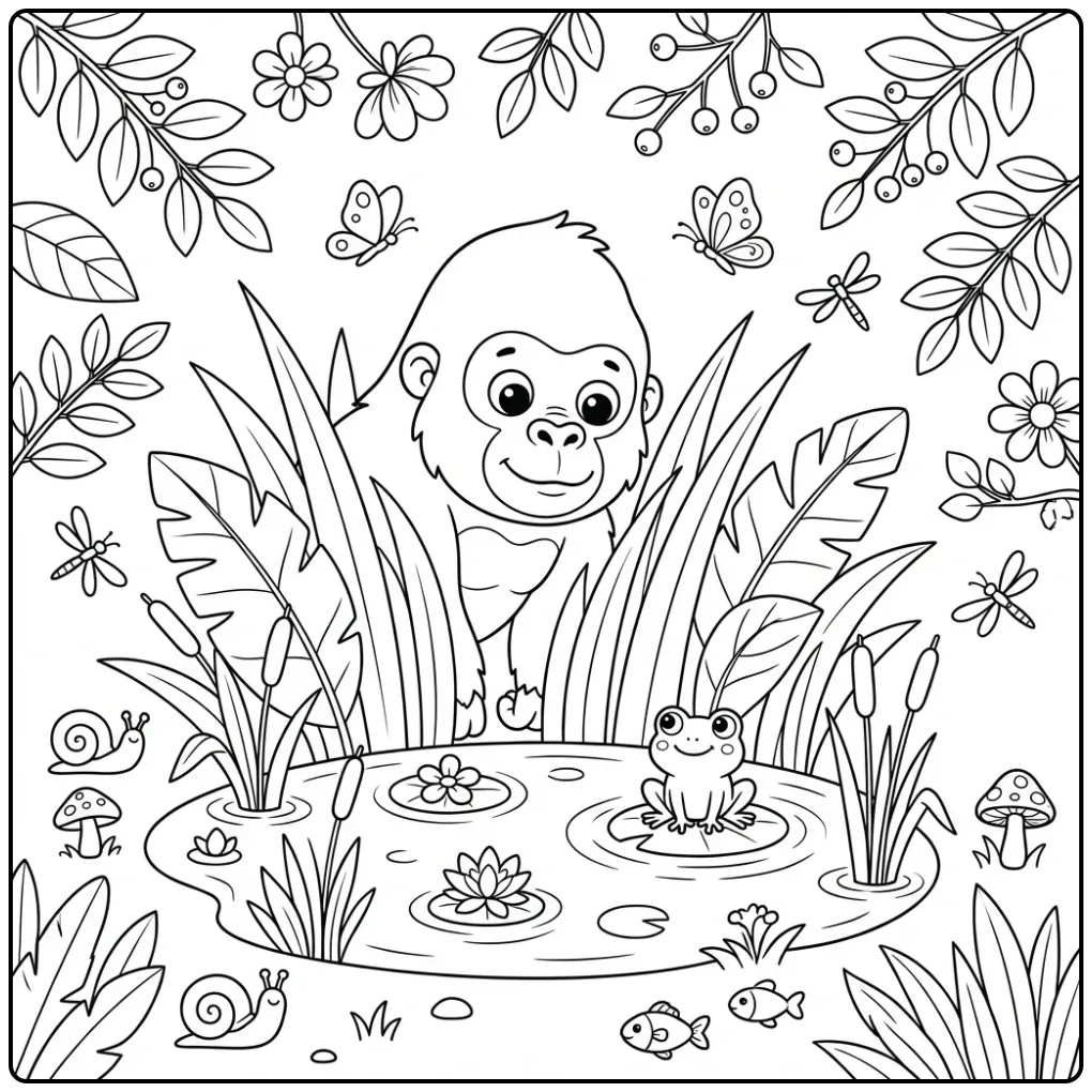 Fun Gorilla and Frog by the Pond coloring page