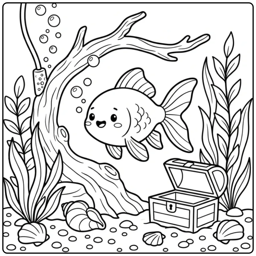 Fun Goldfish with a Treasure Chest and Plants coloring page