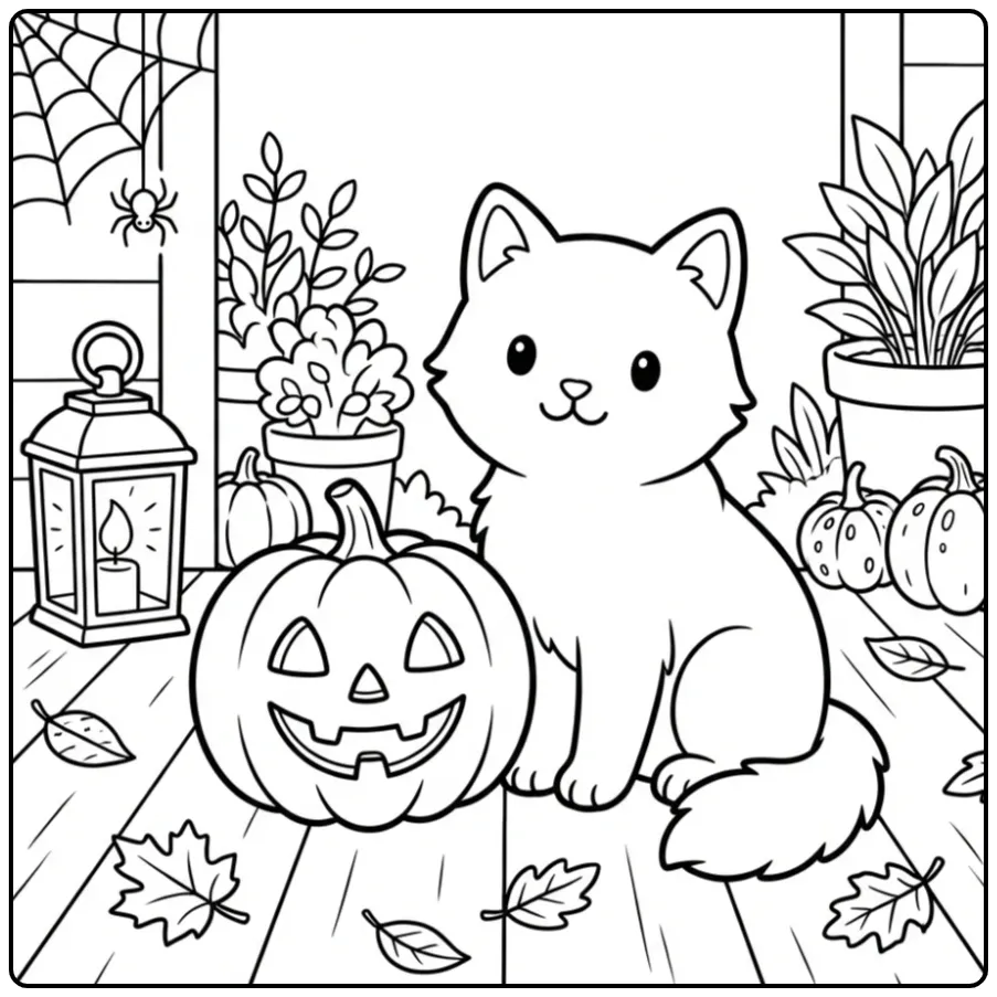 Fun Halloween Cat on the Veranda coloring page