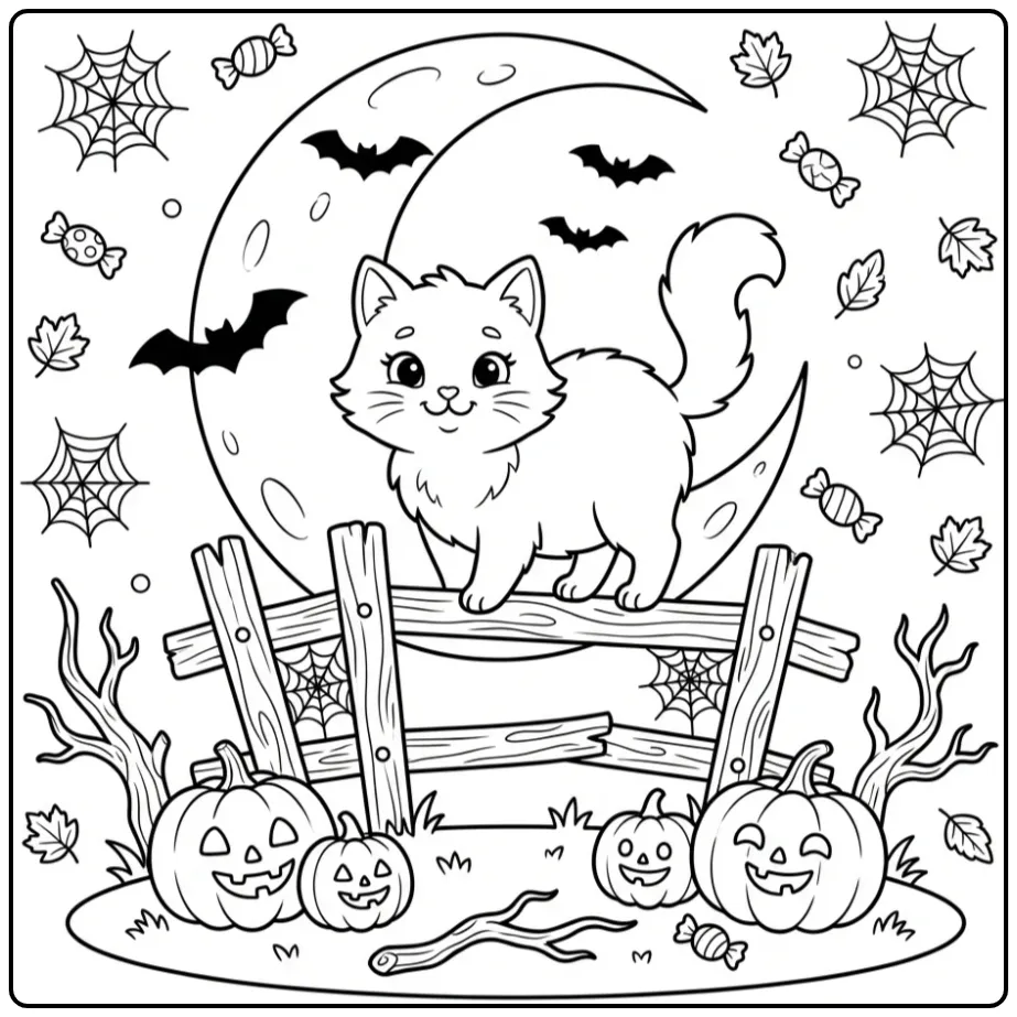 Fun Halloween Cat on a Fence with Bats coloring page