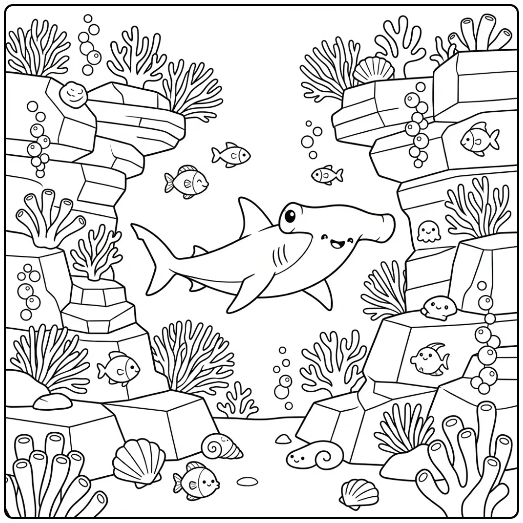 Fun Hammerhead Shark in an Underwater Canyon coloring page