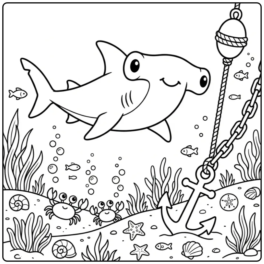 Fun Hammerhead Shark with an Anchor coloring page