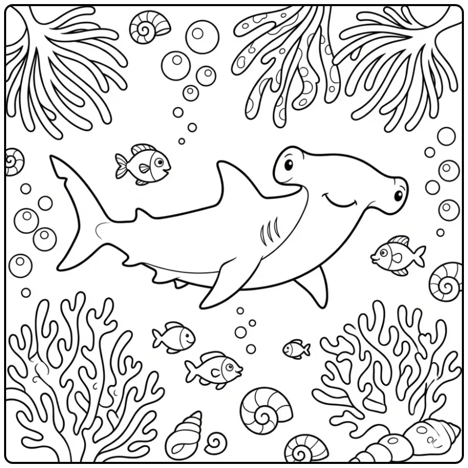 Fun Hammerhead Shark with Small Fish and Bubbles coloring page