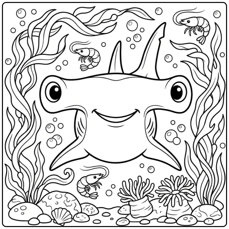 Fun Hammerhead Shark with Sea Animals coloring page