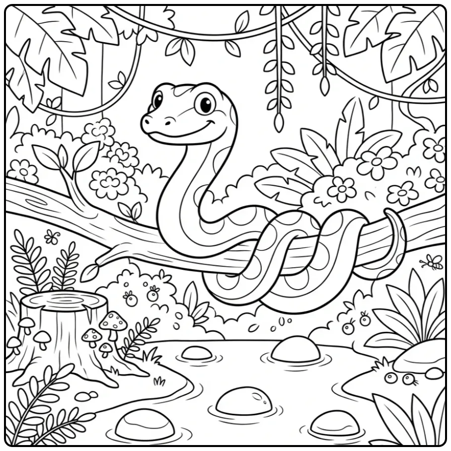 Anaconda coloring page showing a snake on a branch above water