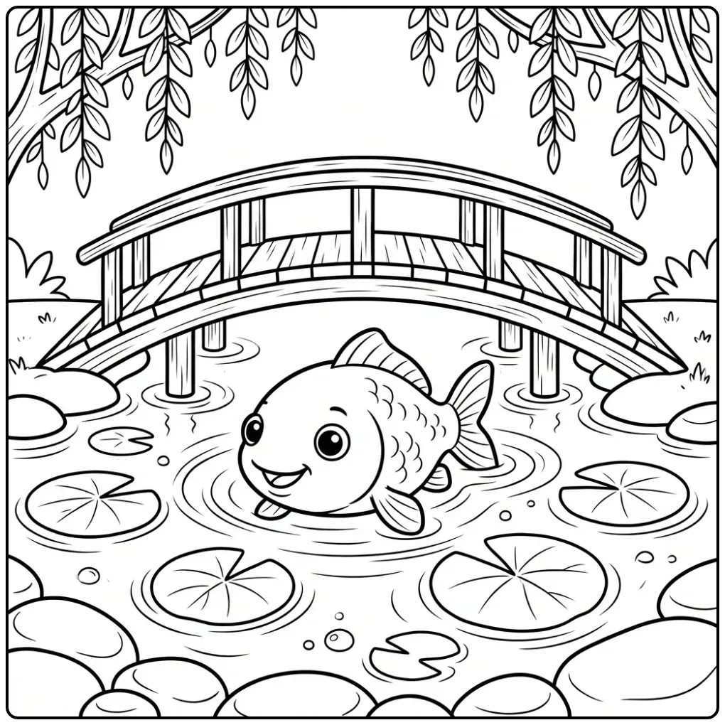 Fun Carp in Pond with Lily Pads coloring page