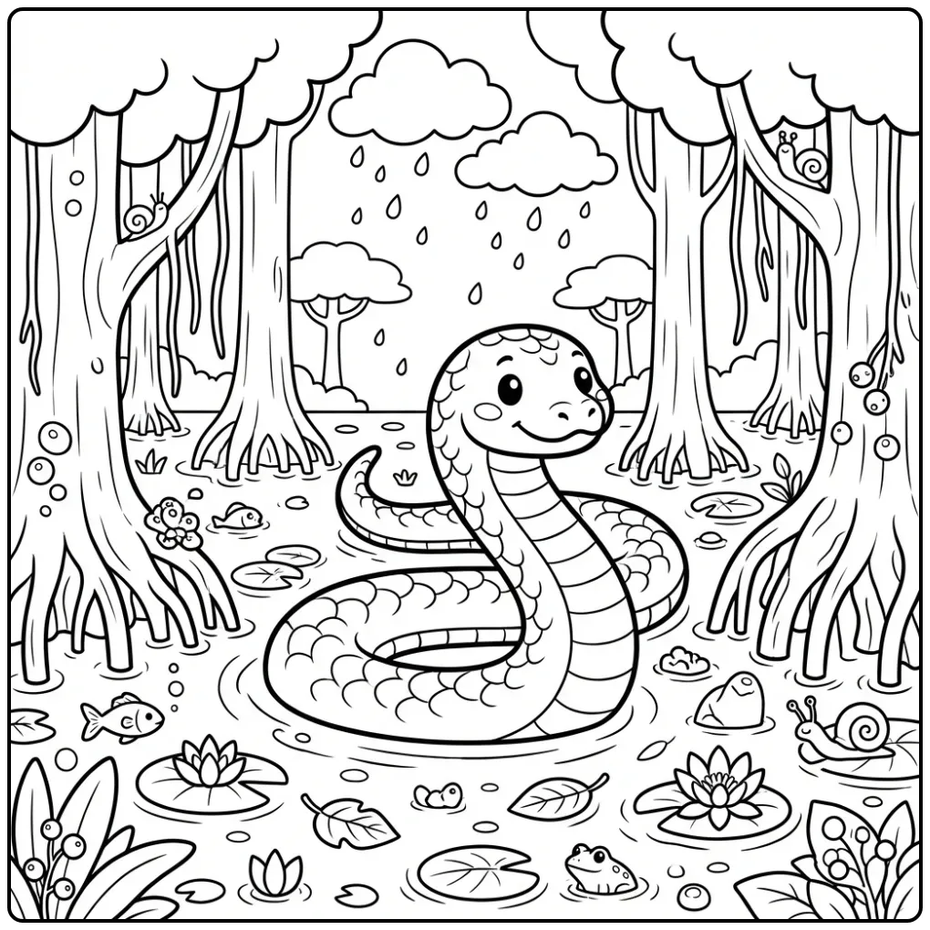 Anaconda coloring page showing a snake in a flooded forest