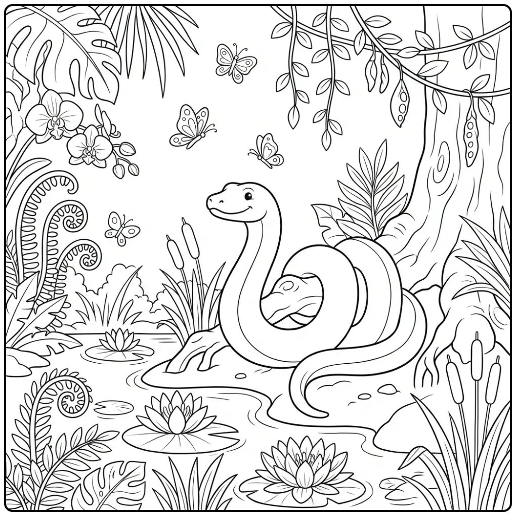 Anaconda coloring page showing a snake around a tree root