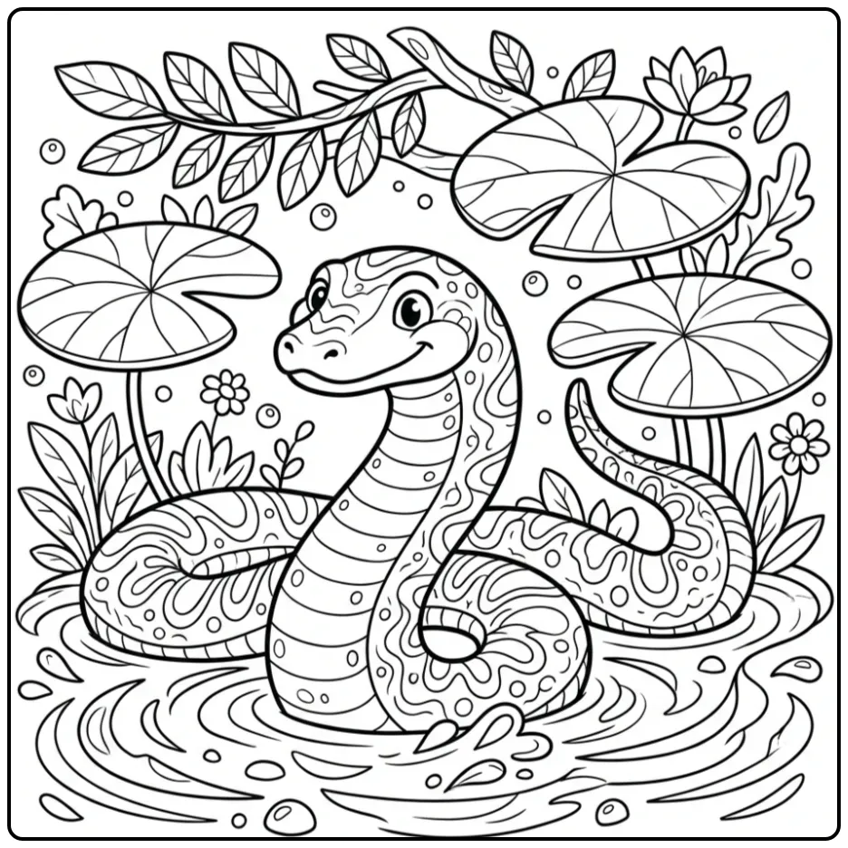 Anaconda coloring page showing a snake in water among lily pads