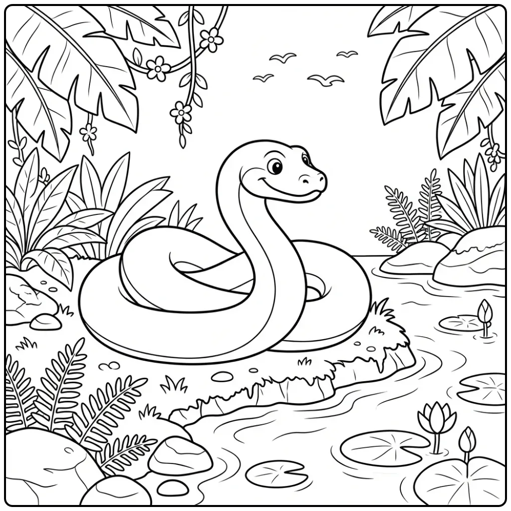 Anaconda coloring page showing a snake beside tropical leaves