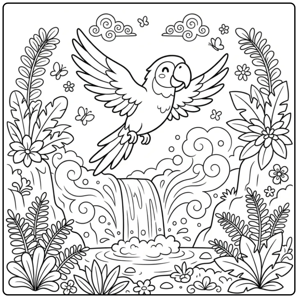 Fun Macaw with Waterfall and Jungle Plants coloring page