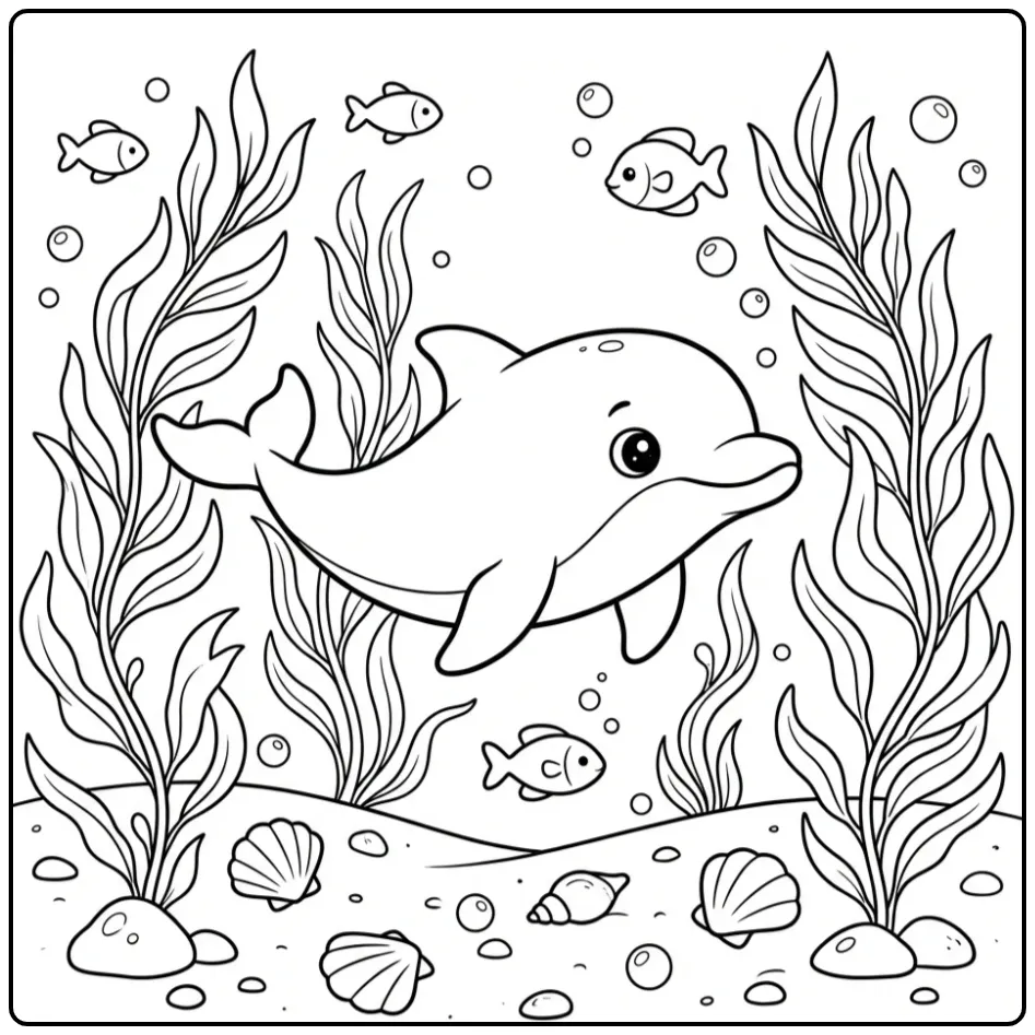 Fun Baby Dolphin with Shells and Bells coloring page