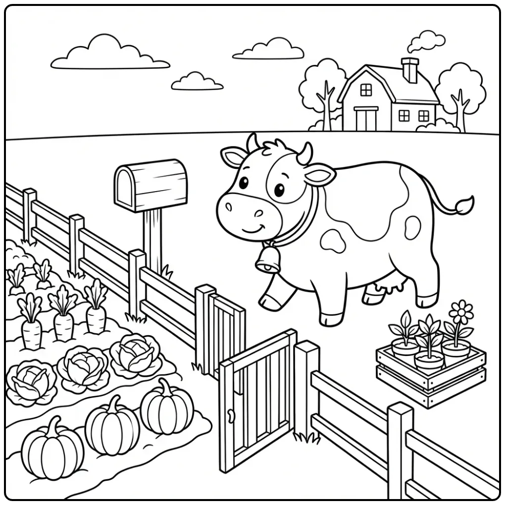 Fun Farm Cows with a Fence and Garden coloring page