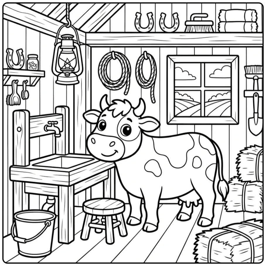 Fun Farm Cows in the Stable coloring page