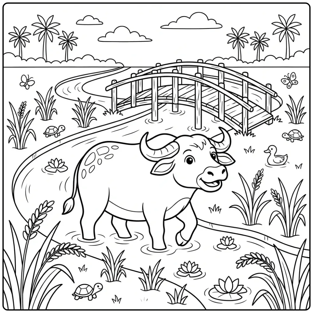 Fun Buffalo in a Rice Field coloring page