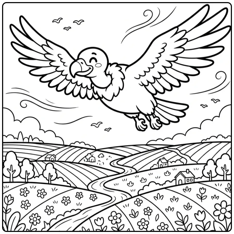 Fun Buzzard Flying Above a Landscape coloring page