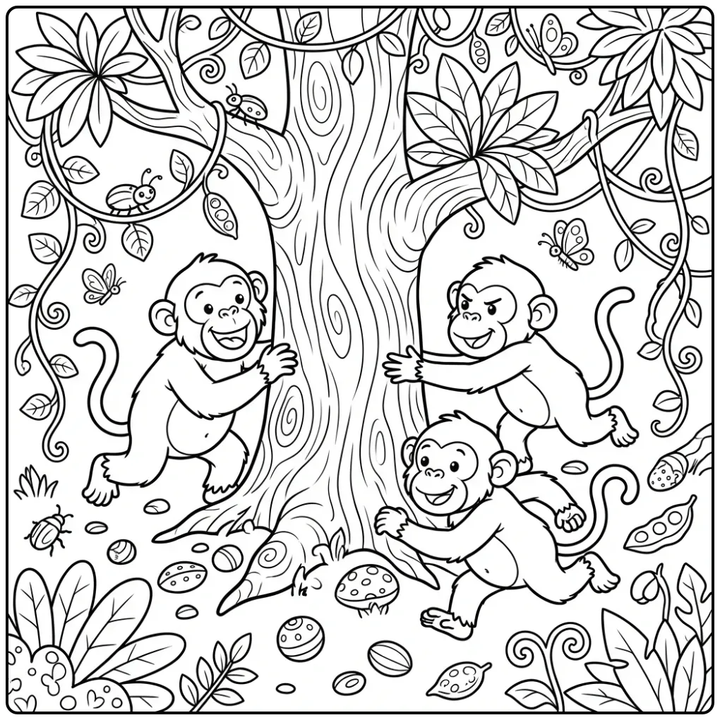 Chimpanzee coloring page playing around a tree trunk